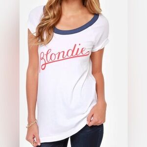 Chaser White Tee with Navy Collar and Red Blondie Script